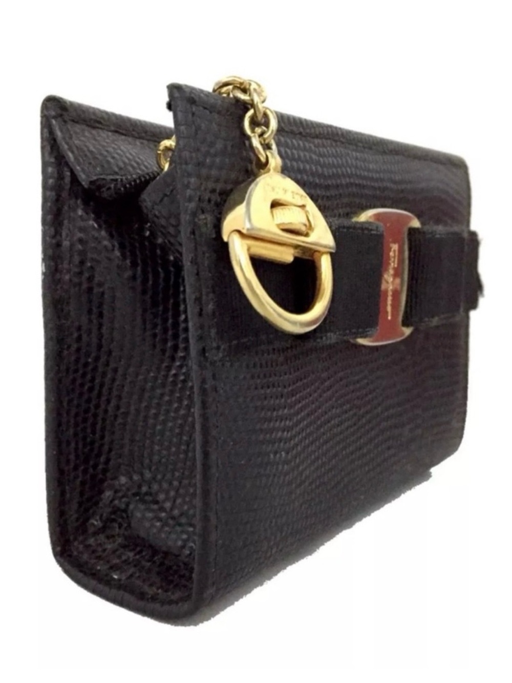 Salvatore Ferragamo Black Textured Leather Card Holder with Gold Vara Plaque